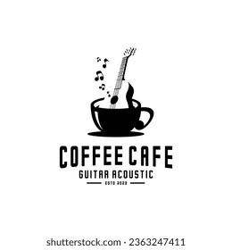 vector logo of acoustic guitar in a cup of coffee, music cafe logo