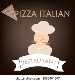 vector logo for advertising banner for restaurant chef with italian food pizza and cook on black background with text inscription