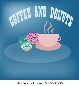 vector logo for advertising banner for restaurant company name with a cup of coffee cappuccino latte with donuts and an inscription text with a blue background