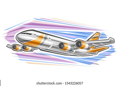 Vector logo for Airplane in motion, decorative label with illustration of high speed modern airplane with 4 turbines flying on abstract sky background.