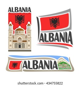 Vector logo Albania, 3 isolated illustrations: Saint Demetrius Orthodox Cathedral in Berat, national state flag, symbol of Republic of Albania architecture and albanian flag, mountain village