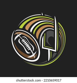 Vector logo for American Football, isolated trendy emblem with illustration of flying on curve brown ball with lacing, decorative line art sports badge for american football club on dark background