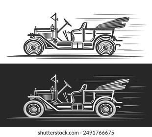 Vector logo for American Retro Car, automotive decorative banners with clip art illustration of retro concept car in moving, line art running monochrome antique rough car on black and white background