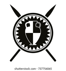 Vector logo with amphora on a shield with spears. Black flat icon with greek urn isolated on white background. Symbol of Greek and antiquity. Vintage monochrome emblem