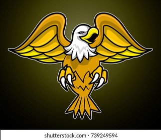 Vector logo of angry eagle spread the wing and claws. Dark background. Sport team logo.
