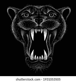 The Vector logo animal head for tattoo or T-shirt design or outwear.  Hunting style big cat print on black background. This hand drawing is for black fabric or canvas.
