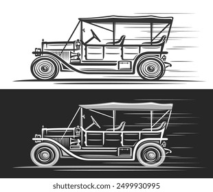 Logotipo de Vector para el coche americano antiguo, Anuncios decorativos automotrices con la ilustración de la línea del coche antiguo monocromo en movimiento, arte de Clip que corre el coche de los años veinte rugientes en fondo blanco y negro