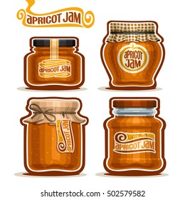 Vector logo Apricot Jam in glass Jars with paper cover lid, rustic Pot home made apricot jams, twine rope bow, set homemade fruit jam jar, jelly pot with label, checkered cloth cap, isolated on white.