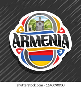 Vector logo for Armenia country, fridge magnet with armenian state flag, original brush typeface for word armenia, national armenian symbol - bell tower in Haghpat Monastery on cloudy sky background. svg