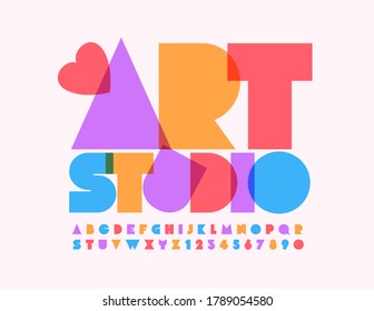 Vector logo Art Studio with decorative Heart. Abstract Colorful Font. Bright creative Alphabet Letters and Numbers