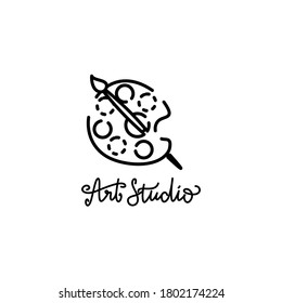 Vector logo for art studio. Vector illustration with a palette for paints. Bright paint strokes. Template for teaching, creativity, poster, postcard and other use. Hand draw lettering "Art studio".