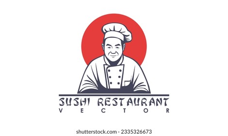 Vector logo. Asian cute good-natured cook. lettering, sushi restaurant. Japanese symbol, red sun. White isolated background.