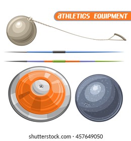 Vector logo for athletics equipment, consisting of abstract metal discus throw, shot put, throwing hammer, javelin. Track and field equipment for atletica championship summer games