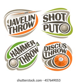 Vector logo for Athletics Equipment, consisting of abstract metal discus throw, shot put, throwing hammer, javelin. Track and field athletics equipment for atletica championship summer games