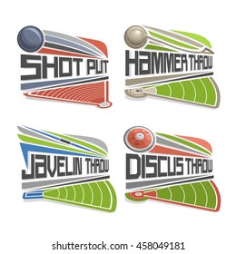 Vector logo for Athletics Field, consisting of abstract discus throw, shot put, throwing hammer, javelin. Track and field athletics stadium equipment for atletica championship summer  games arena