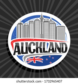 Vector logo for Auckland, white decorative round tag with line illustration of auckland city scape on day sky background, art design tourist fridge magnet with unique letters for black word auckland.