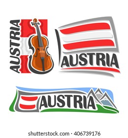 Vector logo for Austria, consisting of 3 isolated illustrations: violin, fiddle on background of national state flag, symbol of Austria and austrian flag beside Alps mountains close-up