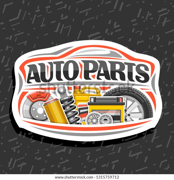 Vector logo for Auto Parts store, white\
decorative signboard with red car shape, lettering for words auto\
parts, illustrations of brake system, air filter, bottle of motor\
oil on abstract\
background.