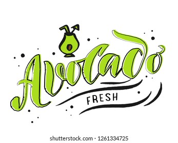 Vector logo avocado fresh label, package. Hand drawn illustration of green avocado and calligraphy lettering. Concept for organic vegetarian food. Vector illustration EPS 10


