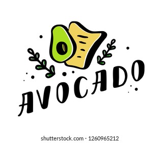 Vector logo avocado toasts doodle. Hand drawn illustration icon and sticker. Concept for organic vegetarian food. Vector illustration EPS 10



