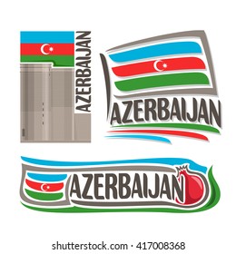 Vector logo for Azerbaijan,  3 isolated illustrations: Maiden Tower in Baku on background of national state flag, symbol of Azerbaijan architecture and azerbaijanian flag beside pomegranate close-up