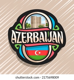Vector logo for Azerbaijan country, fridge magnet with azerbaijanian state flag, original brush typeface for word azerbaijan and national symbol - Maiden Tower in Baku on blue cloudy sky background