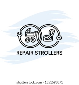 Vector logo of baby car seats and prams. Repair of car seats in prams. Children's products. Design element for children's stores, repair, maintenance, sale, exchange of children's goods and other uses