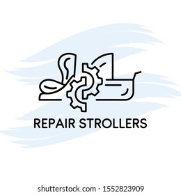 Vector logo of baby car seats and prams. Repair of car seats in prams. Children's products. Design element for children's stores, repair, maintenance, sale, exchange of children's goods and other uses