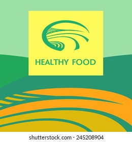 Vector logo and background image with green meadows, fields, blue sky. Natural product. Grown under natural conditions.