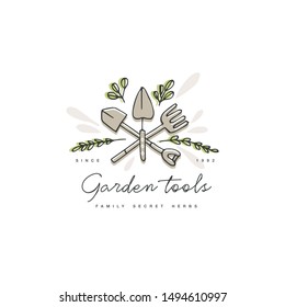 Vector logo or badge and icon for farmers and garden tools. Symbol of gardening