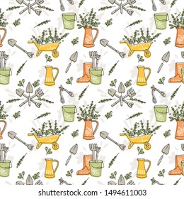 Vector logo, badge or icon for farmers and garden tools. Seamless background pattern
