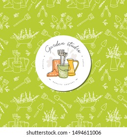 Vector logo, badge or icon for farmers and garden tools. Seamless background pattern