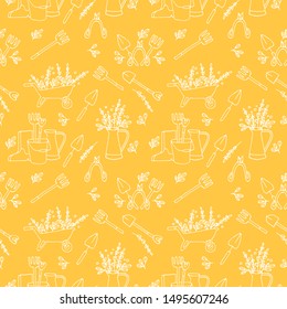 Vector logo, badge or icon for farmers and garden tools. Seamless background pattern