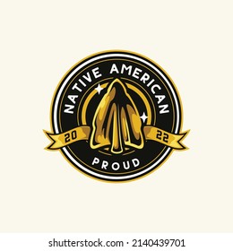 Vector Logo Badge Illustration Of Native American Arrowhead. Perfect For Logo, Emblem, Patch, Team, Sport, And Others. Golden Statue In Vintage Style.

