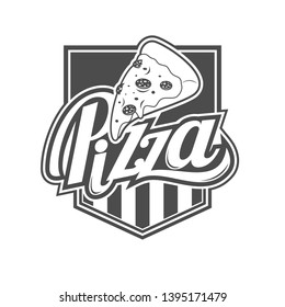 Vector logo, badge, symbol, icon, and sticker design template for pizza product or pizza shop