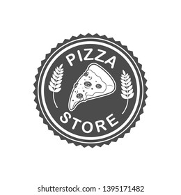 Vector logo, badge, symbol, icon, and sticker design template for pizza product or pizza shop