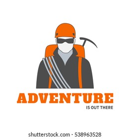 Vector logo or badge template of man climber in sun glasses with equipment for mountaineering. Perfect for extreme sport and travel adventures.