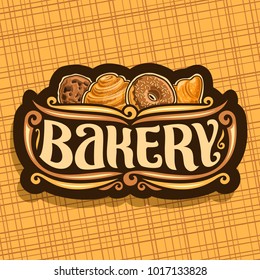 Vector logo for Bakery, original brush typeface for word bakery, homemade cookie with chips, swedish cinnamon roll, donut with chocolate glaze and fresh french croissant on signboard of bakery shop.