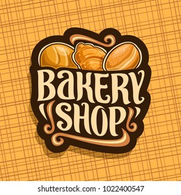 Vector logo for Bakery Shop, whole loaf of cereal bread, fresh french croissant, german krapfen pastry, original brush typeface for title text bakery shop, dark label for seller of flour products.