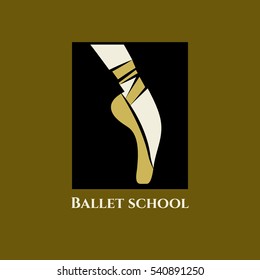 Vector logo ballet school. Icon classical dance class. Foot of  ballerina in Pointe shoes with ribbons