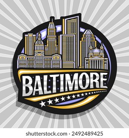 Vektorgrafik-Logo für Baltimore, schwarzer dekorativer runder Tag mit Liniendarstellung von Baltimore City Scape auf nächtlichem Himmelshintergrund, Art Design Kühlschrank-Magnet mit einzigartigen Buchstaben für Text Baltimore