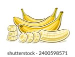 Vector logo for Banana, decorative horizontal poster with outline illustration of 3 whole and sliced bananas composition, cartoon design fruity print with chopped banana parts on white background