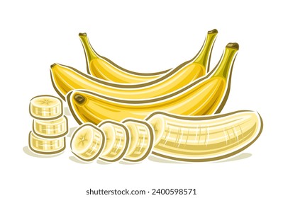 Vector logo for Banana, decorative horizontal poster with outline illustration of 3 whole and sliced bananas composition, cartoon design fruity print with chopped banana parts on white background