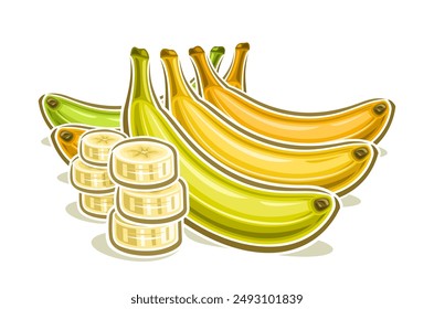 Vector logo for Banana, decorative horizontal poster with outline illustration of sliced and whole banana composition, cartoon design fruity print with riped and overriped bananas on white background