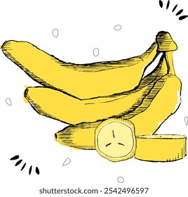 Vector logo for Banana, decorative horizontal poster with outline illustration of 3 whole and sliced bananas composition,graphic design fruity print with chopped banana parts on white background
