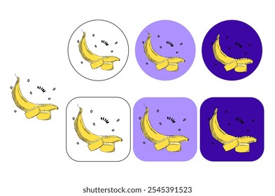 Vector logo for Banana, sliced and whole banana composition graphic logo. Fruity print with riped and overriped bananas on colored circle round and square background

