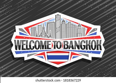 Vector logo for Bangkok, white decorative badge with line illustration of modern bangkok city scape on day sky background, tourist fridge magnet with unique letters for black words welcome to bangkok.