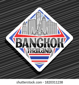 Vector logo for Bangkok, white road sign with illustration of modern bangkok city scape on day sky background, art design tourist fridge magnet with unique letters for black words bangkok, thailand.