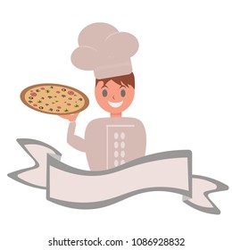 vector logo banner for advertising Italian pizza restaurant for firm name with cook and dish, cartoon chef with ribbon for inscription and text