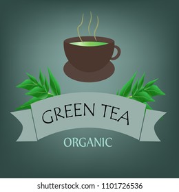 vector logo banner for advertising the name of the firm fragrant green tea with a cup and leaves and with the text